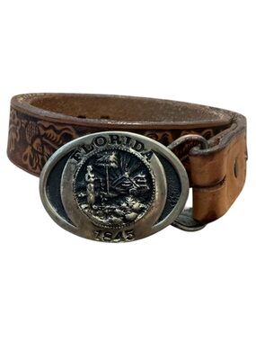 Vintage State of Florida 1845 Solid Bronze Belt Buckle with Leather Belt